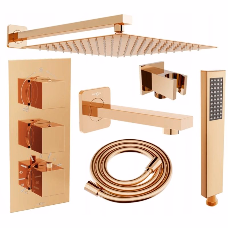 MEXEN/S - Cube DR02 podomietkový vaňový SET s vytokovou hubicou + slim sprcha 25, ružové zlato 77503DR0225-60