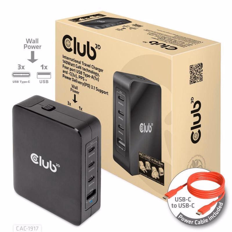 Club3D cestovná nabíjačka 140W GaN technológia, 3xUSB-C, 1xUSB-A, PPS + PD 3.1 Support