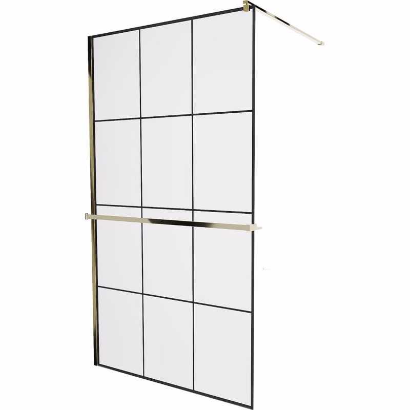 MEXEN/S - KIOTO Sprchová zástena WALK-IN s poličkou a držiakom uterákov 120 x 200, transparent/čierna 8 mm, zlatá 800-120-121-50-77