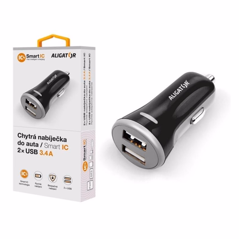 Chytrá nabíjačka do auta ALIGATOR 3.4A, 2xUSB, smart IC, čierna