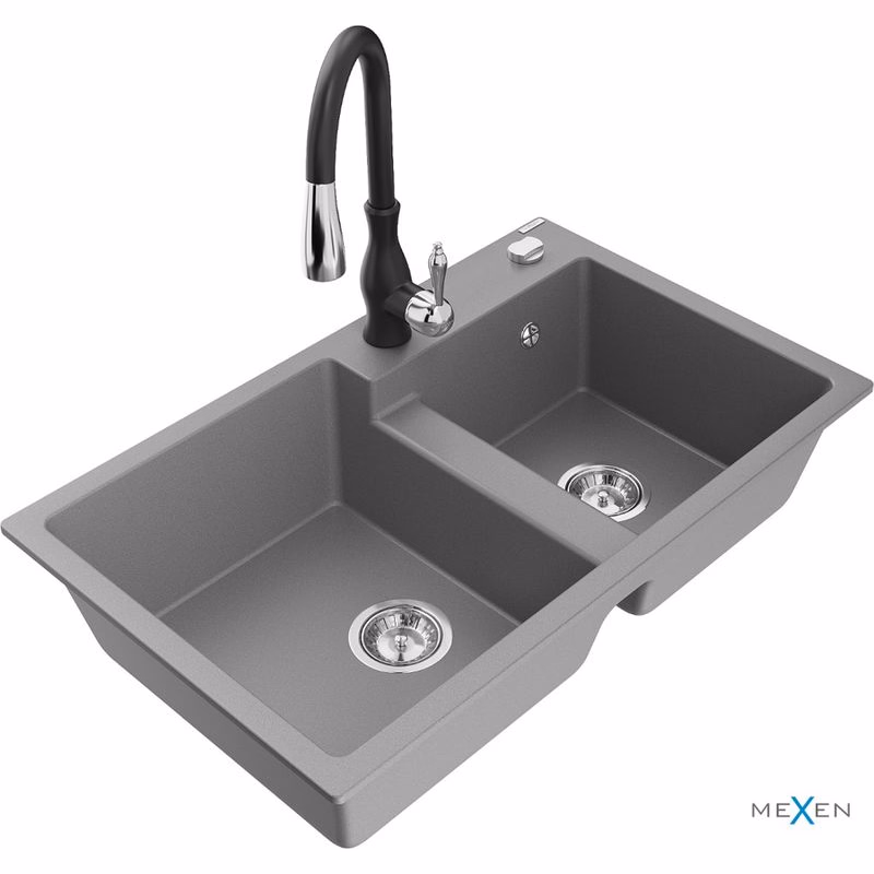 MEXEN/S MEXEN/S - Tomas granitový drez 2-bowl vrátane batérie Savita, šedá 6516-71-672601-70
