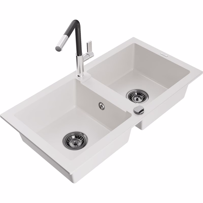MEXEN/S MEXEN/S - Mario granitový drez 2-bowl vrátane batérie Flora, biela 6504-20-670401-07-B