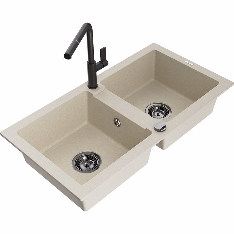 MEXEN/S MEXEN/S - Mario granitový drez 2-bowl vrátane batérie Flora, béžová 6504-69-670401-70-B