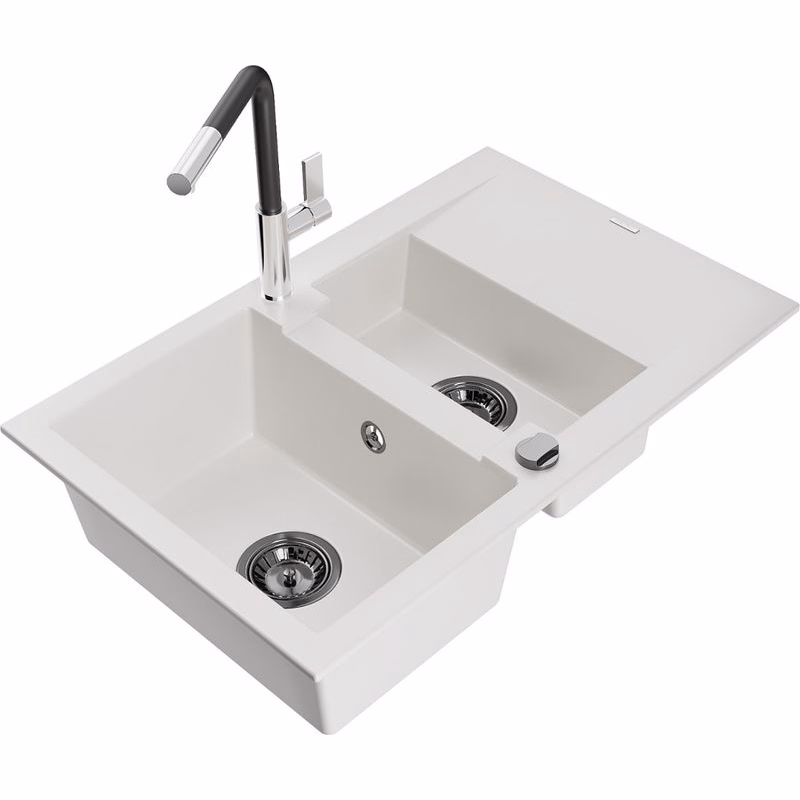 MEXEN/S MEXEN/S - Gaspar granitový drez 1.5 s odkvapkávačom vrátane batérie Flora, biela 6507-20-670401-07-B