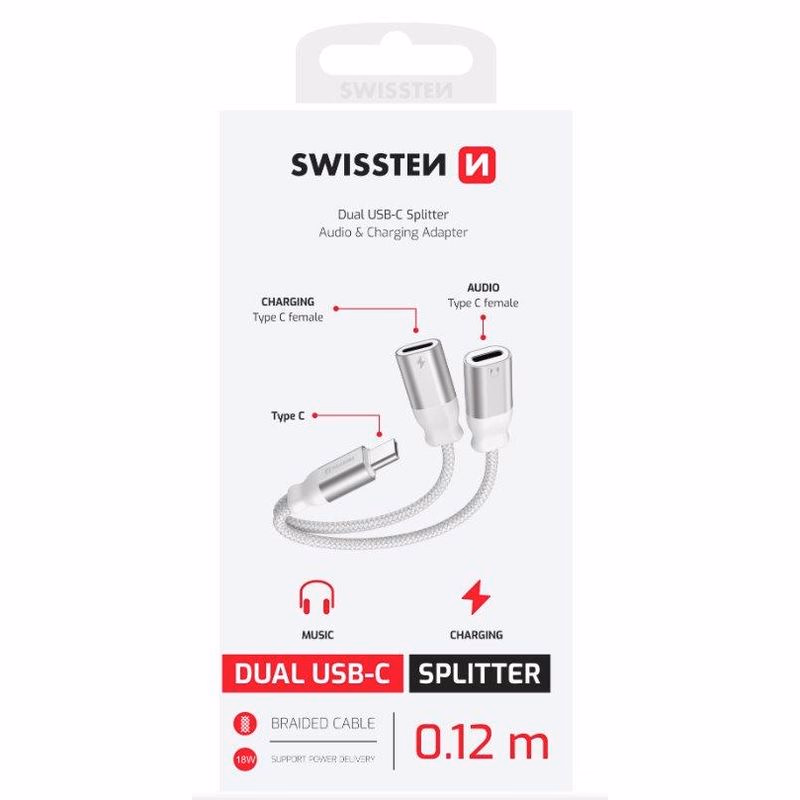 SWISSTEN NABÍJACÍ AUDIO ADAPTÉR TEXTILE USB-C (samec) / 2x USB-C (samica) 0,12 M BIELÝ