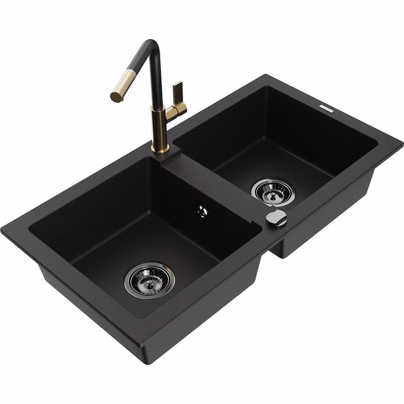 MEXEN/S MEXEN/S - Mario granitový drez 2-bowl vrátane batérie Flora, čierna 6504-77-670401-57-B