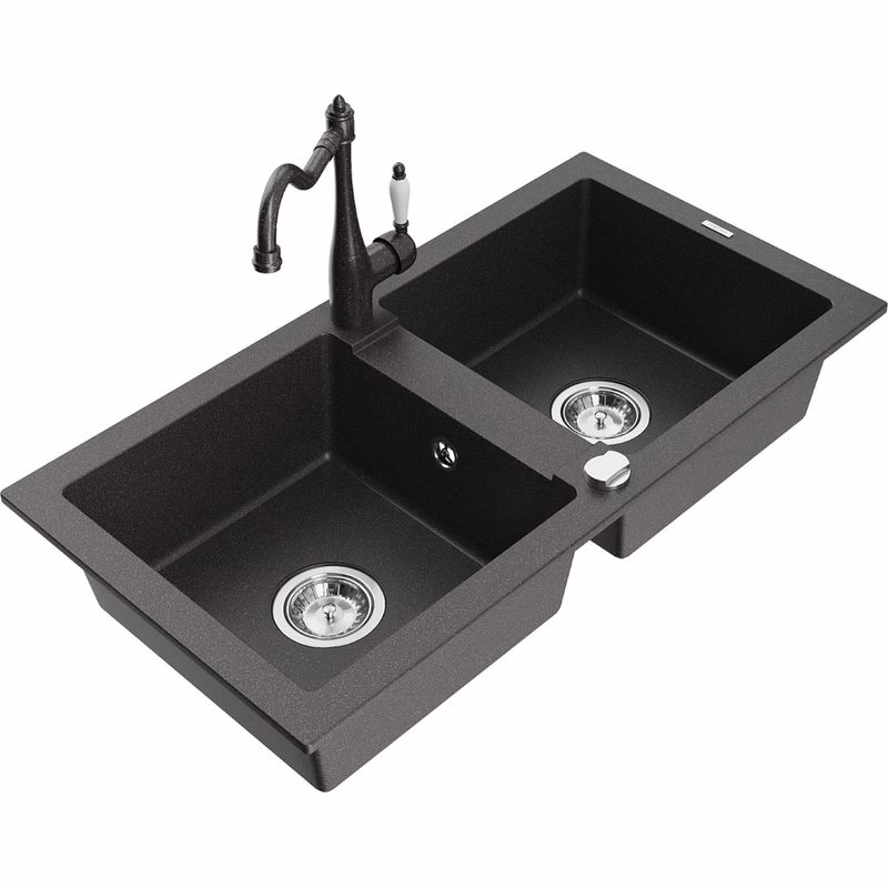 MEXEN/S MEXEN/S - Mario granitový drez 2-bowl vrátane batérie Carla, čierna kropenatá 6504-76-670700-76