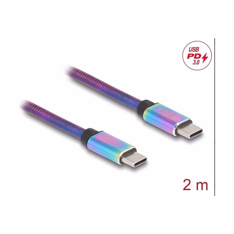 Delock Kábel USB 2.0 zo zástrčky USB Type-C™ na zástrčku, s dúhovým kovovým plášťom, PD 3.0, 60 W, 2 m