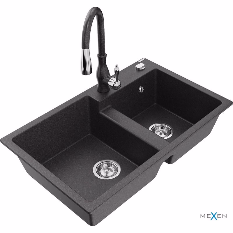 MEXEN/S MEXEN/S - Tomas granitový drez 2-bowl vrátane batérie Savita, čierna kropenatá 6516-76-672601-76