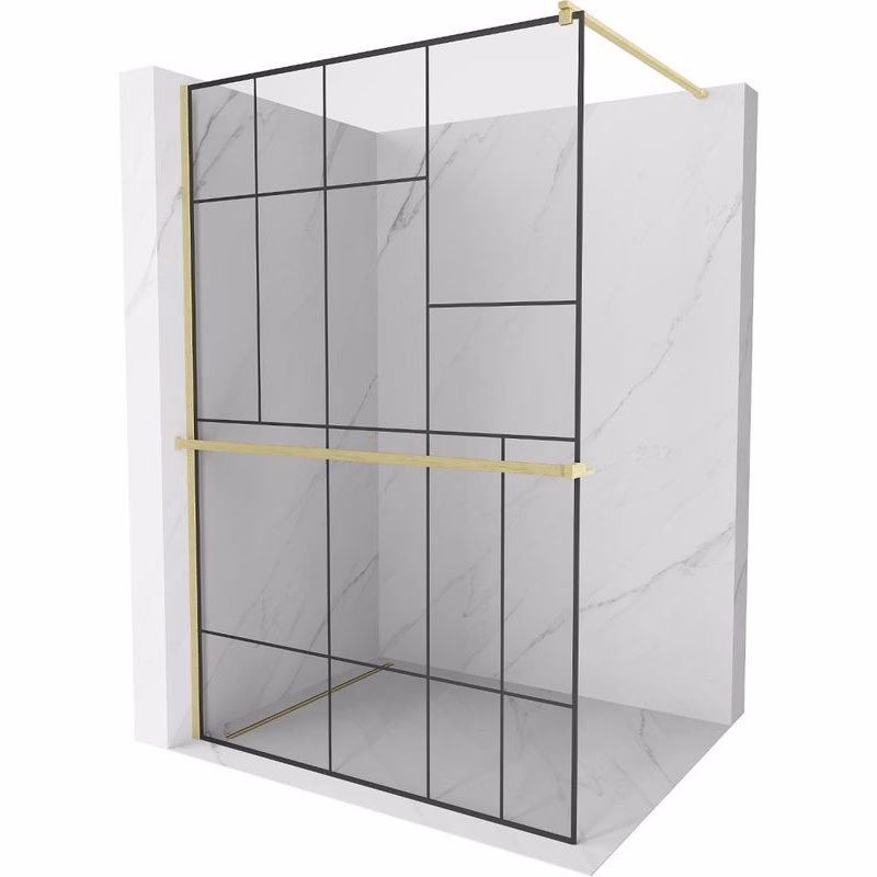 MEXEN/S - Kioto+ Sprchová zástena s poličkou WALK-IN 90 x 200, čierna vzor, zlatá kartáčovaná 800-090-121-55-78