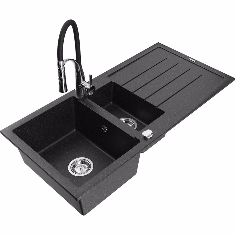MEXEN/S MEXEN/S - Andres granitový drez s odkvapkávačom vrátane batérie Aster, čierna/strieborná metalik 6515-73-73450-07