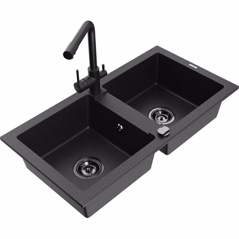 MEXEN/S MEXEN/S - Mario granitový drez 2-bowl vrátane batérie Duero, čierna/strieborná metalík 6504-73-671600-70-B