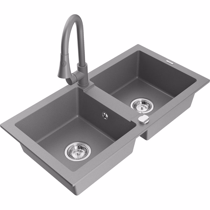 MEXEN/S MEXEN/S - Mario granitový drez 2-bowl vrátane batérie Elia, šedá 6504-71-670101-71