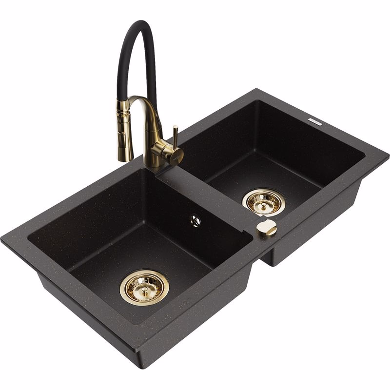 MEXEN/S MEXEN/S - Mario granitový drez 2-bowl vrátane batérie Aster, čierna/zlatá metalik 6504-75-73450-57-G