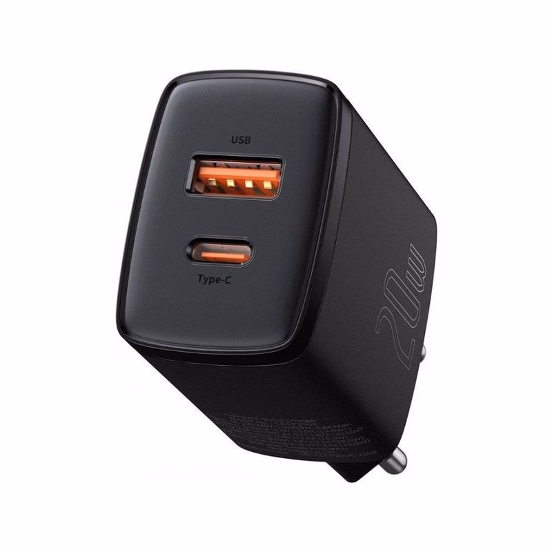 Baseus kompaktný rýchlonabíjací adaptér USB-A + Type-C 20W EU, čierna