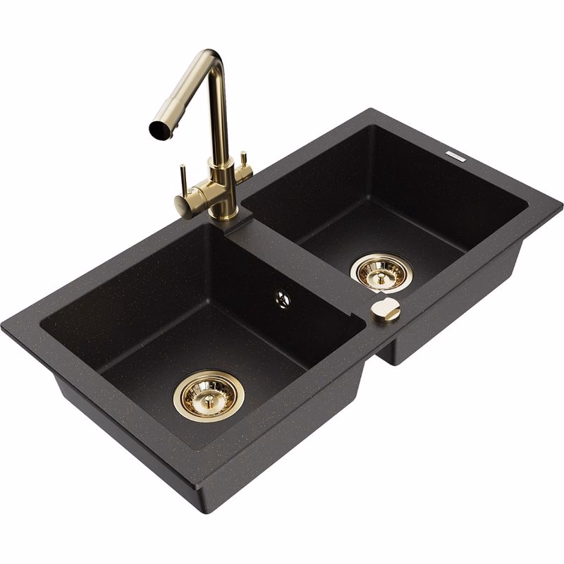 MEXEN/S MEXEN/S - Mario granitový drez 2-bowl vrátane batérie Duero, čierna/zlatá metalik 6504-75-671600-50