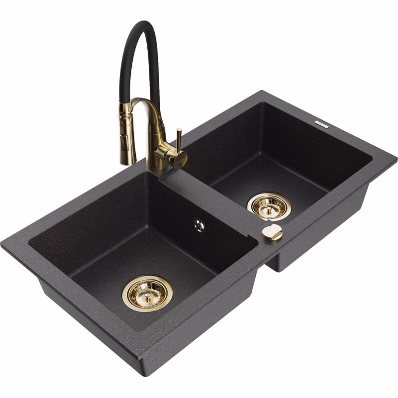 MEXEN/S MEXEN/S - Mario granitový drez 2-bowl vrátane batérie Aster, čierna kropenatá 6504-76-73450-57-G