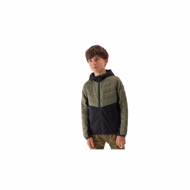 Chlapčenská turistická softshellová bunda 4F JUNIOR TECHNICAL JACKET-JAW23TTJAM282-44S-OLIVE