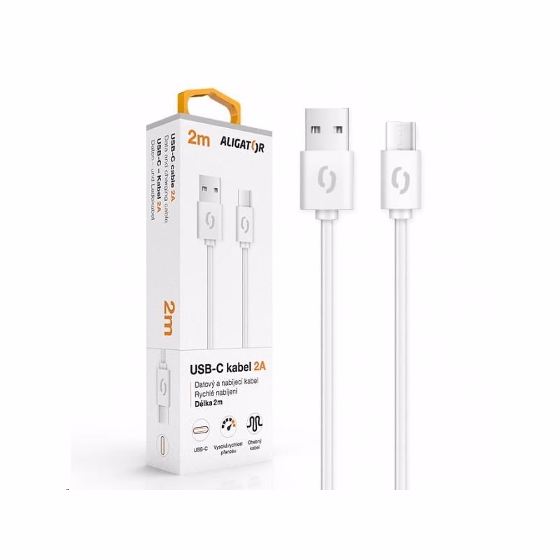 Aligator dátový a nabíjací kábel, konektor USB-C, 2A, 2m, biela