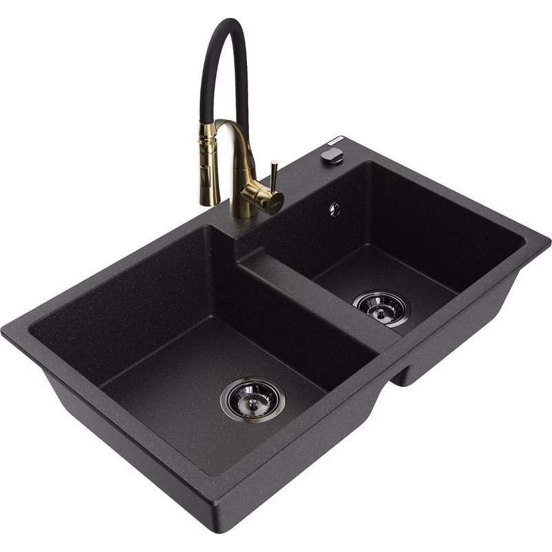 MEXEN/S MEXEN/S - Tomas granitový drez 2-bowl vrátane batérie Aster, čierna/strieborná metalík 6516-73-73450-57-B