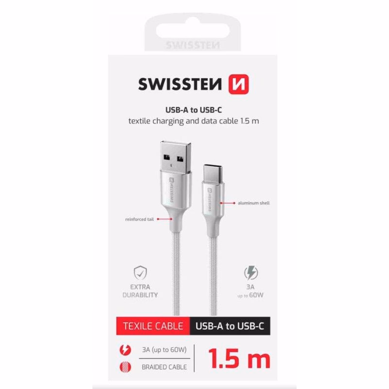 SWISSTEN DÁTOVÝ KÁBEL TEXTILE II USB / USB-C 1,5 M BIELÝ