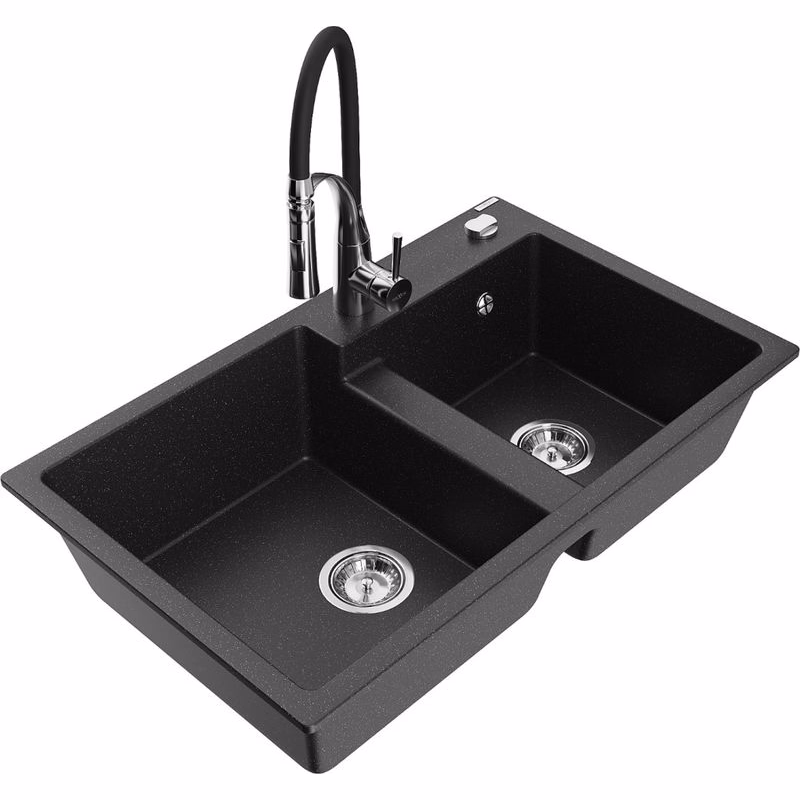 MEXEN/S MEXEN/S - Tomas granitový drez 2-bowl vrátane batérie Aster, čierna/strieborná metalík 6516-73-73450-07