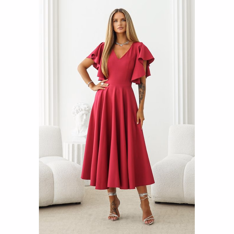 Warsaw Dress Malinové midi šaty s volánovými rukávmi Veľkosť: XS