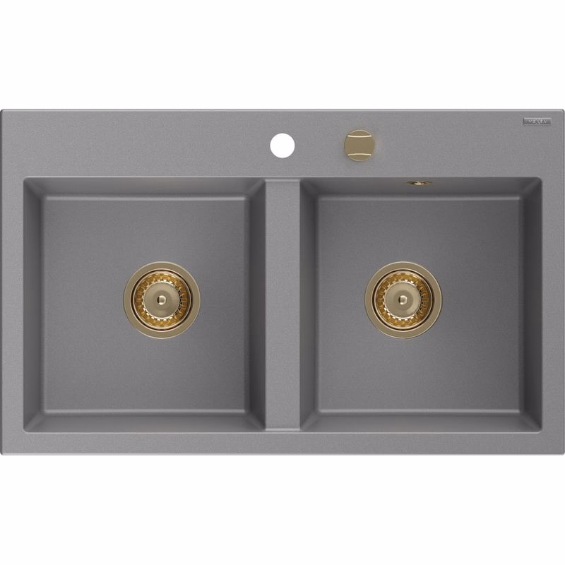 MEXEN/S MEXEN/S - Hektor granitový drez 2-bowl 800 x 480 mm, sivá, zlatý sifón 6521802000-71-G