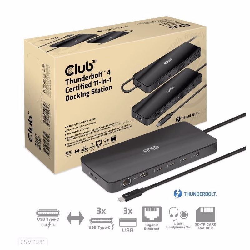 Club3D Dokovacia stanica USB-C 11v1, 2xDP, 3xUSB-C, 3xUSB, 1xRJ45, čítačka SD kariet, čierna