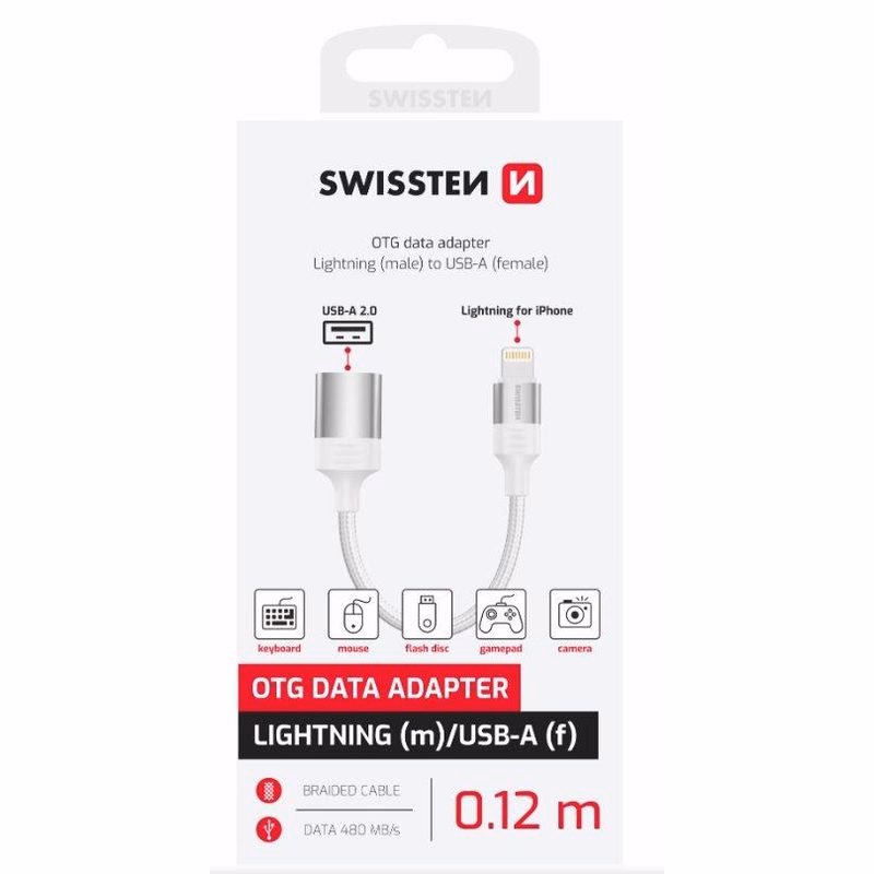 SWISSTEN OTG ADAPTÉR TEXTILE LIGHTNING (samec) / USB-A (samica) 0,12 M BIELÝ