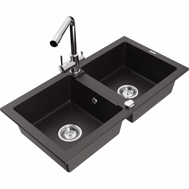 MEXEN/S MEXEN/S - Mario granitový drez 2-bowl vrátane batérie Duero, čierna/zlatá metalik 6504-75-671600-00