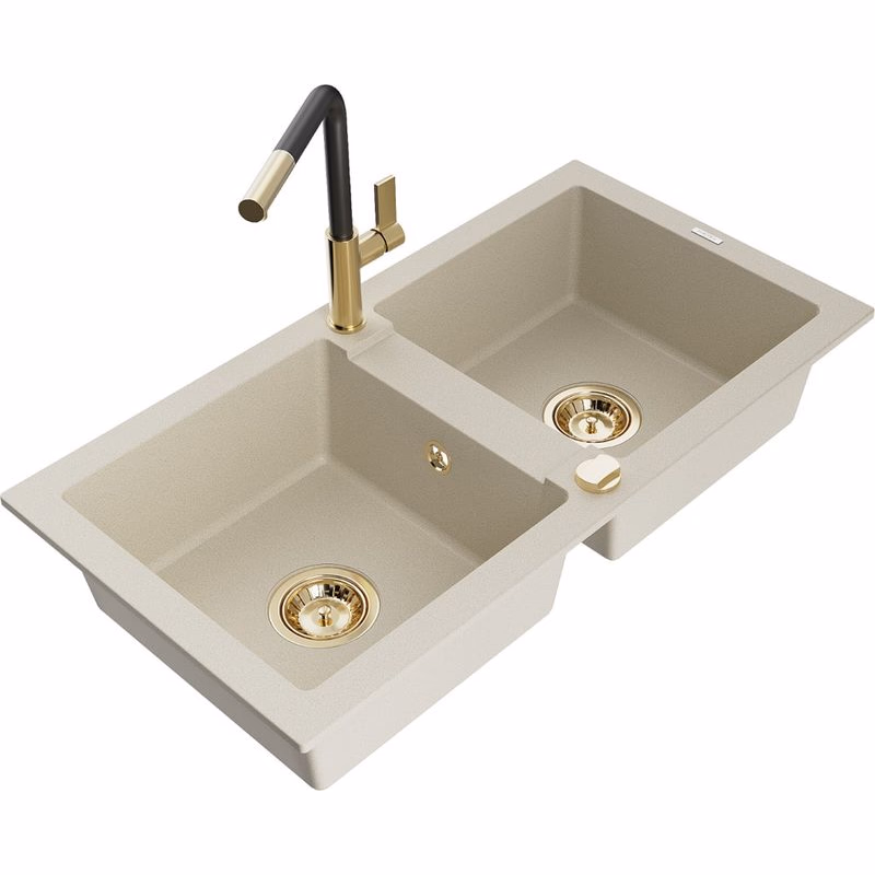 MEXEN/S MEXEN/S - Mario granitový drez 2-bowl vrátane batérie Flora, béžová 6504-69-670401-57-G