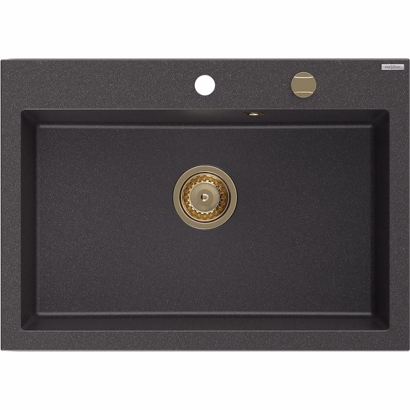 MEXEN/S MEXEN/S - Elix granitový drez 1-miska 700 x 500 mm, čierna kropenatá, sifón zlatá 6526701005-76-G