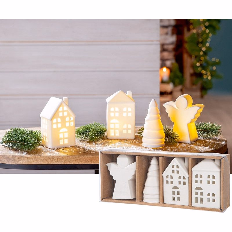 Sada LED dekorácií – domčeky, anjel a vianočný stromček, 11 cm