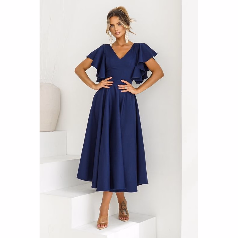 Warsaw Dress Tmavomodré midi šaty s volánovými rukávmi Veľkosť: XXXL