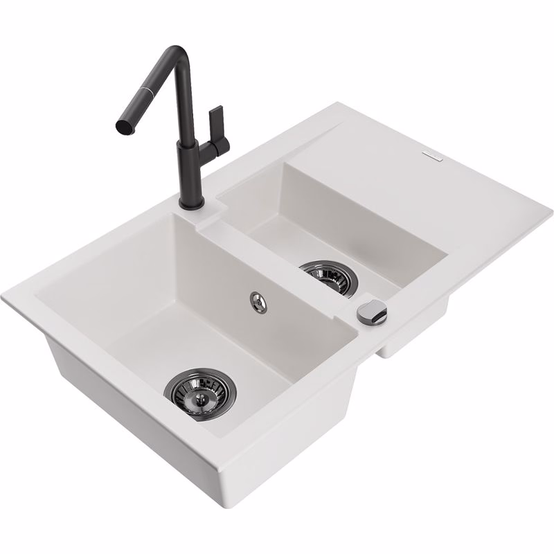 MEXEN/S MEXEN/S - Gaspar granitový drez 1.5 s odkvapkávačom vrátane batérie Flora, biela 6507-20-670401-70-B