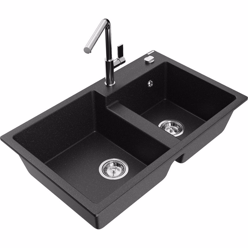 MEXEN/S MEXEN/S - Tomas granitový drez 2-bowl vrátane batérie Flora, čierna/srebrny metalik 6516-73-670401-00