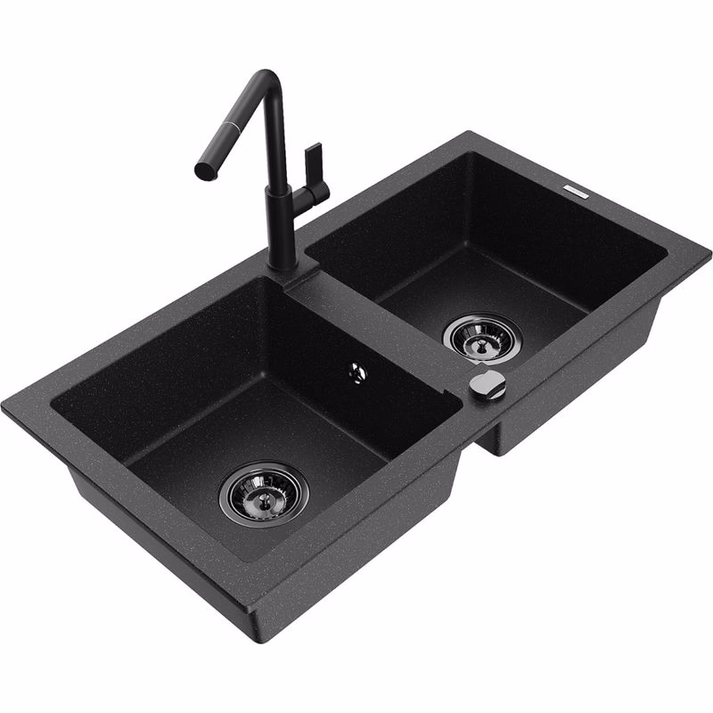 MEXEN/S MEXEN/S - Mario granitový drez 2-bowl vrátane batérie Flora, čierna/strieborná metalík 6504-73-670401-70-B