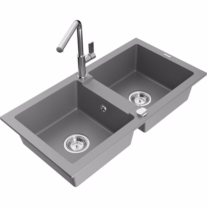 MEXEN/S MEXEN/S - Mario granitový drez 2-bowl vrátane batérie Flora, šedá 6504-71-670401-00
