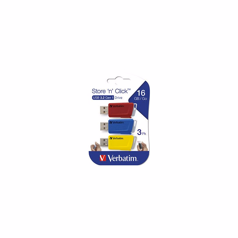 Verbatim USB flash disk, USB 3.0, 16GB, Store N Click, mix farieb, 49306, USB A, s výsuvným konektorom, 3ks