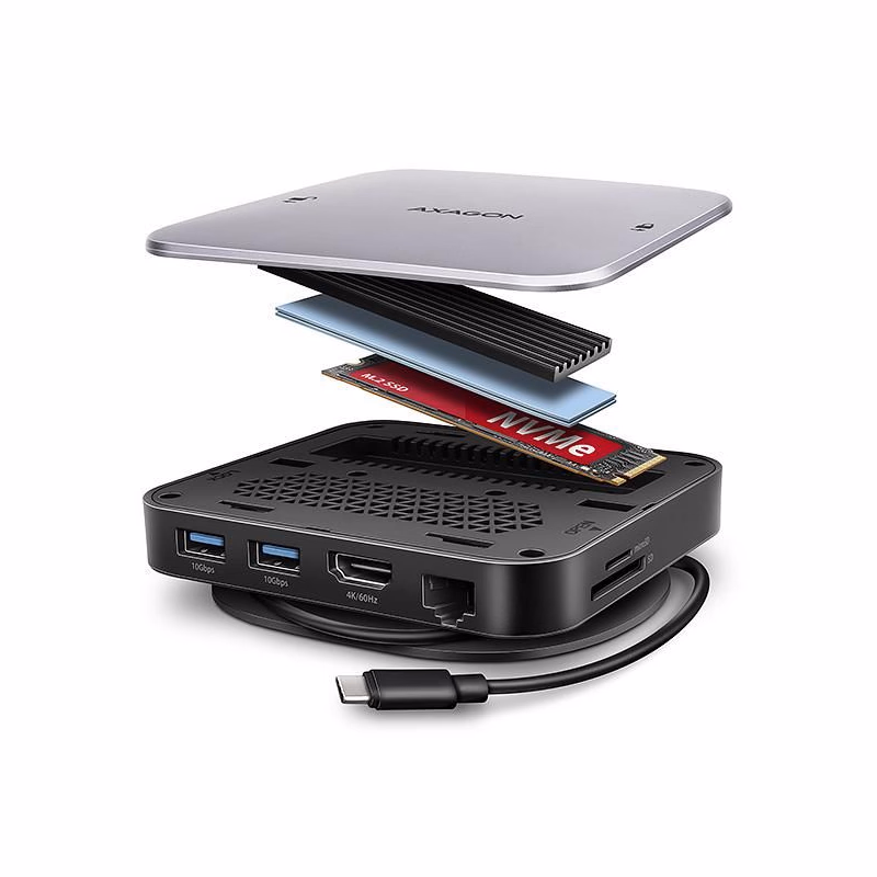AXAGON HMC-UFO, USB 10Gbps húb, 2x USB-A, USB-C, HDMI 4k/60, RJ-45, M.2 slot, SD/mSD, audio, PD 100W, kábel USB-C 65cm