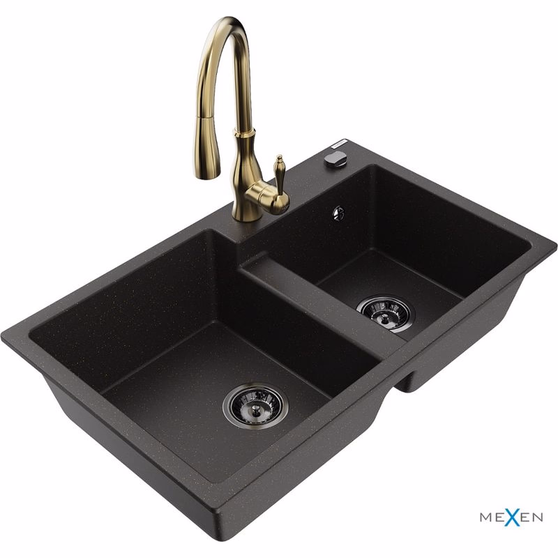 MEXEN/S MEXEN/S - Tomas granitový drez 2-bowl vrátane batérie Savita, čierna/zlatá metalik 6516-75-672601-50-B