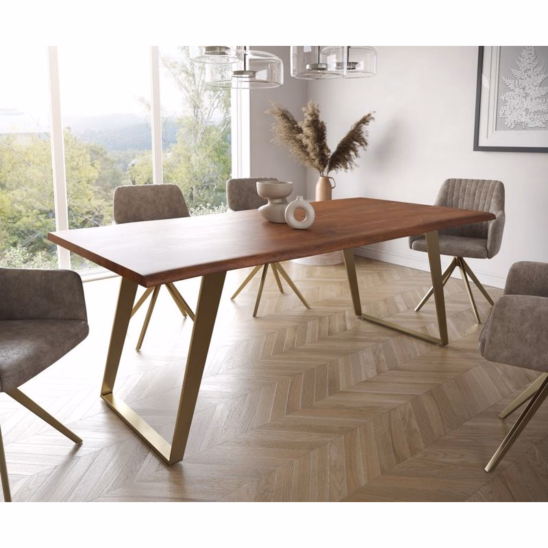 Jedálenský stôl Edge 200x100 akácia hnedá nerezová oceľ zlatá skosený