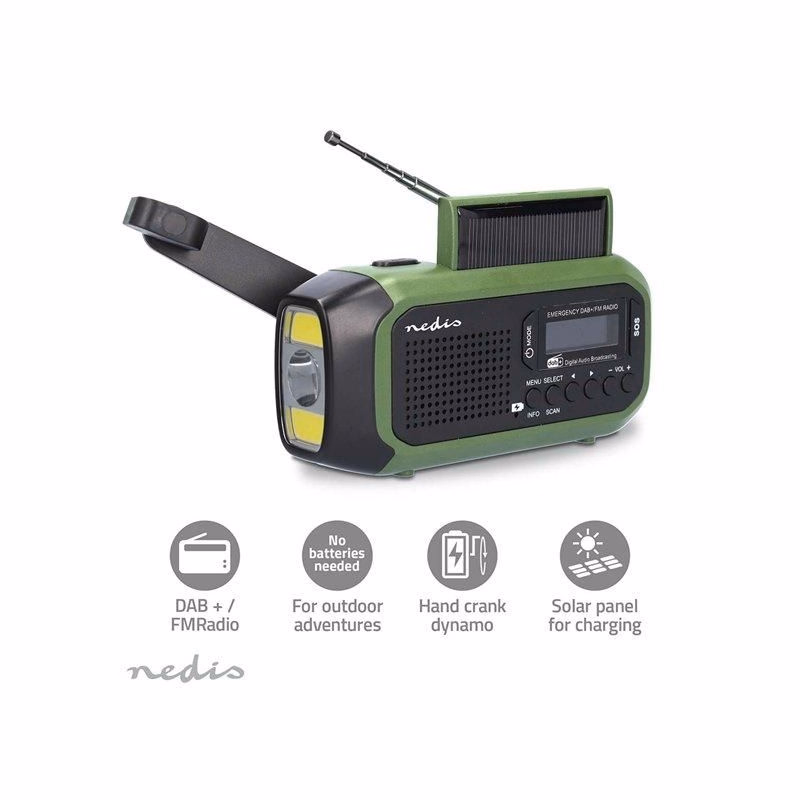 Nedis RDDBCR2000GN - Núdzové Radio | DAB+ / FM | Napájanie z batérie/Napájanie z USB/Ručná kľuka / Solar Powered | Budík