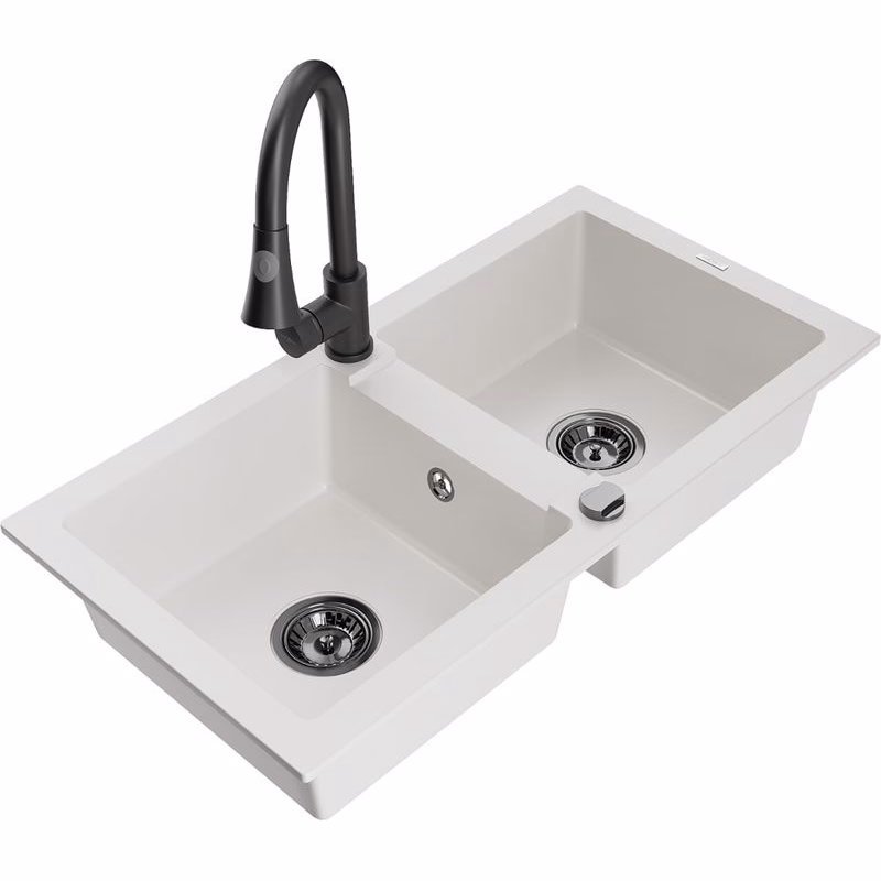 MEXEN/S MEXEN/S - Mario granitový drez 2-bowl vrátane batérie Elia, biela 6504-20-670101-70