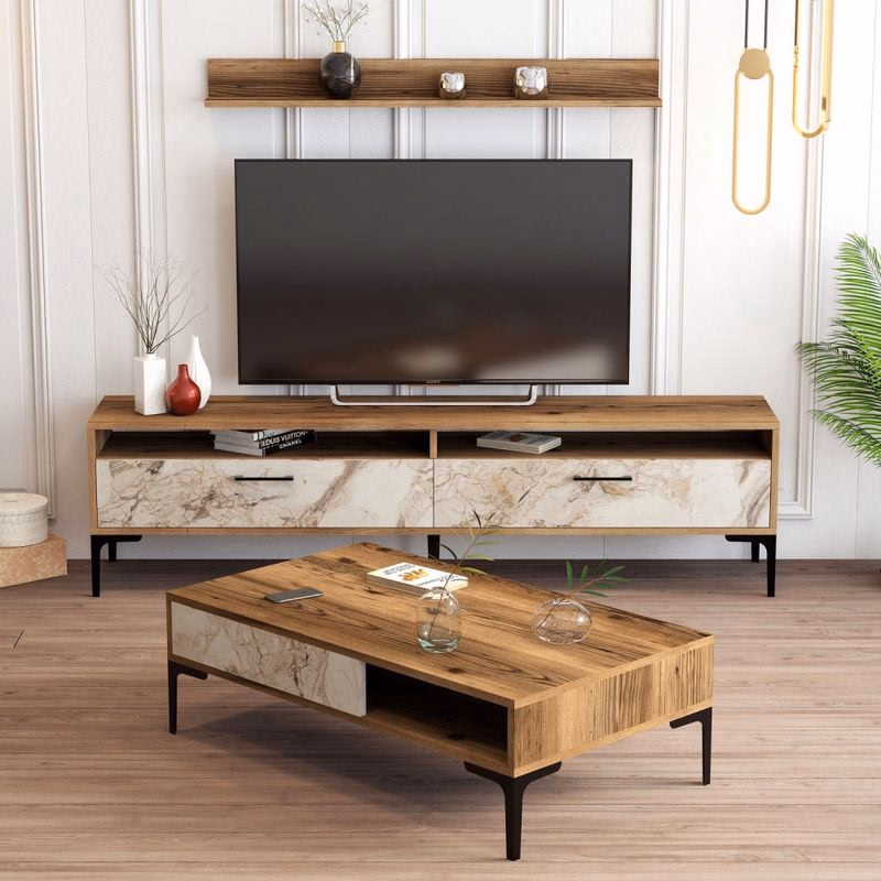 Living Room Furniture Set Istanbul - Walnut, White Marble