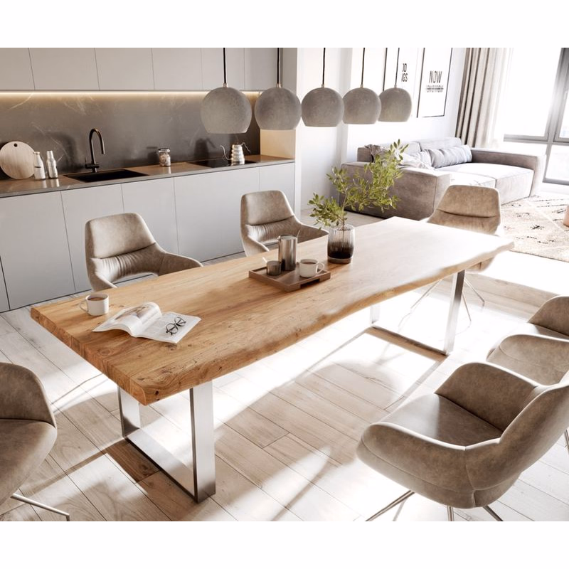 Jedálenský stôl Edge 280x100 cm XL akácia prírodná nerezová oceľ úzky