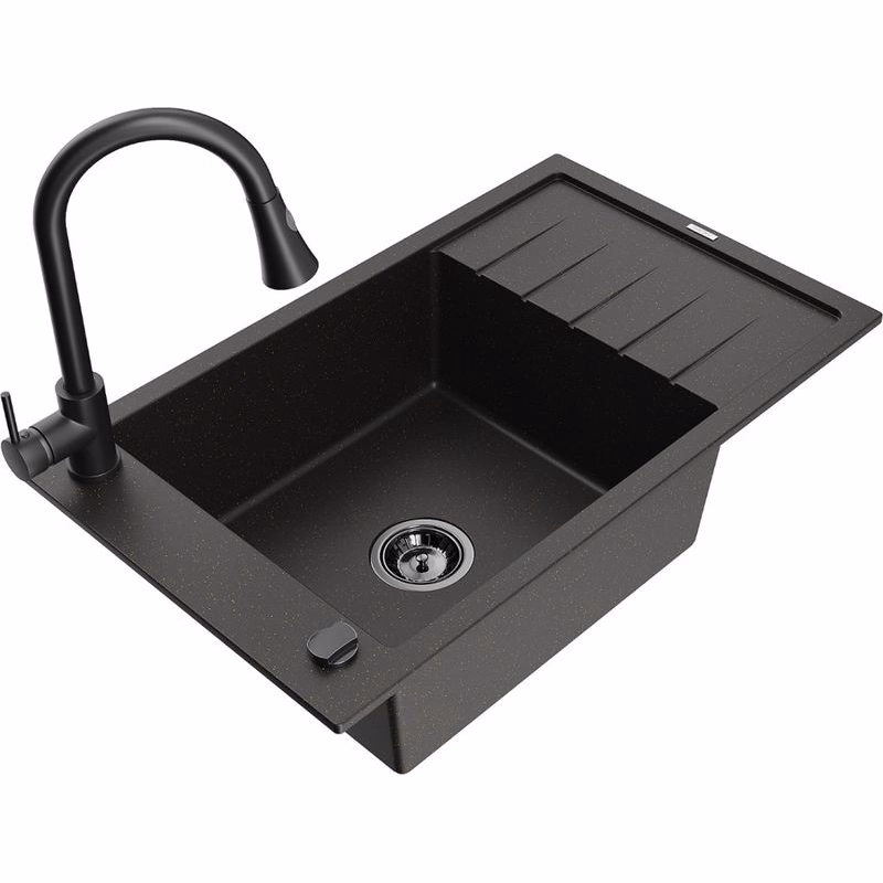 MEXEN/S MEXEN/S - Elias granitový drez 1 s odkvapkávačom vrátane batérie Elia, čierna/zlatá metalik 6511-75-670101-70-B