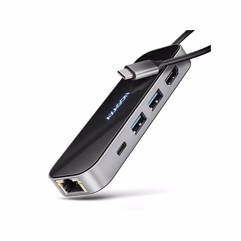 AXAGON HMC-6GLN, USB 5Gbps húb, 2x USB-A, USB-C, HDMI 4k/60Hz, RJ-45 GLAN, PD 100W, kábel USB-C 20cm