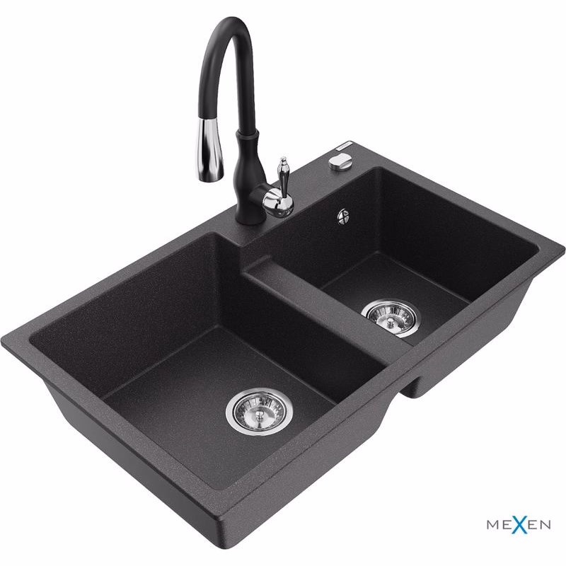 MEXEN/S MEXEN/S - Tomas granitový drez 2-bowl vrátane batérie Savita, čierna kropenatá 6516-76-672601-70